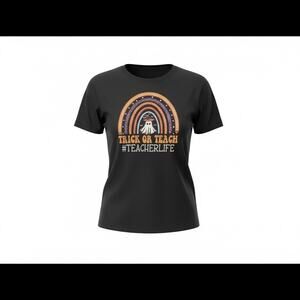 Trick or Teach Teacher Halloween T Shirt Black Graphic Tee Women’s Size Large